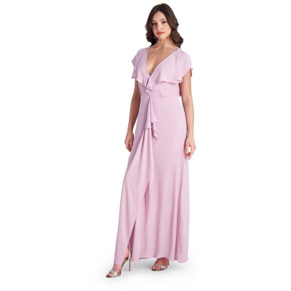 BCBG MAXAZRIA Sz 0 Pink Ruffle Cascade V-Neck Front Slit Gown $298 Bride’s Maid - Picture 2 of 16